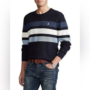 POLO RALPH LAUREN Striped Honeycomb Knit Pima Cotton Sweater Blue Sz L Tiny Pony